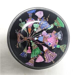 Neiman Marcus Porcelain Pewter Bowl Multi-Color Tassel Design